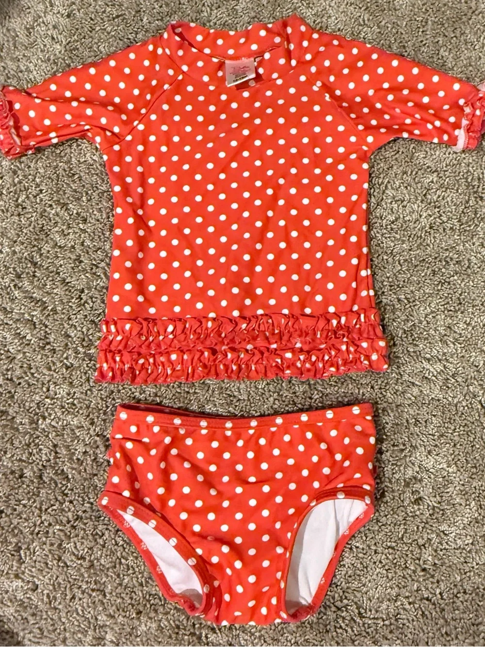 RuffleButts Coral Polka Dot 2-Piece Swimsuit Set 12-18M | Ruffle Details